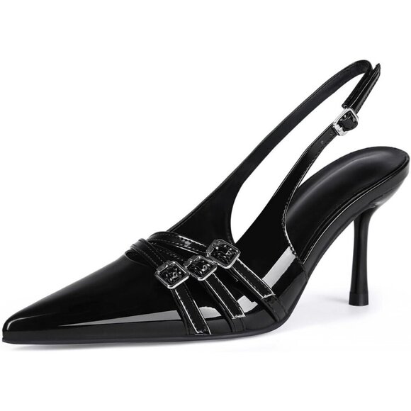 🆕Women Black Stiletto Heels Pointed Toe Slip On Pumps Closed Toe Heeled Sandal - Picture 1 of 7